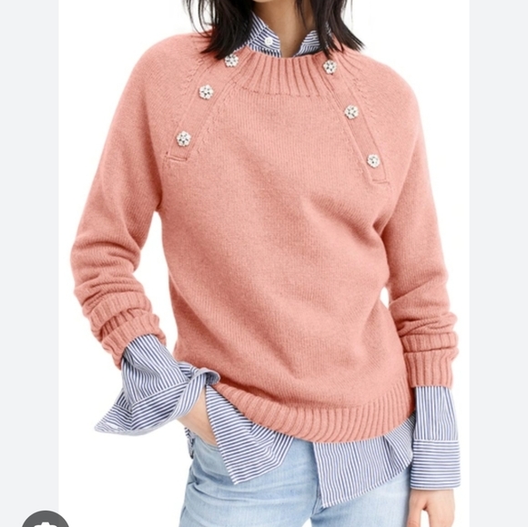 J. Crew Sweaters - J Crew Pink Lambswool blend crewneck Jeweled Buttons Sweater Large